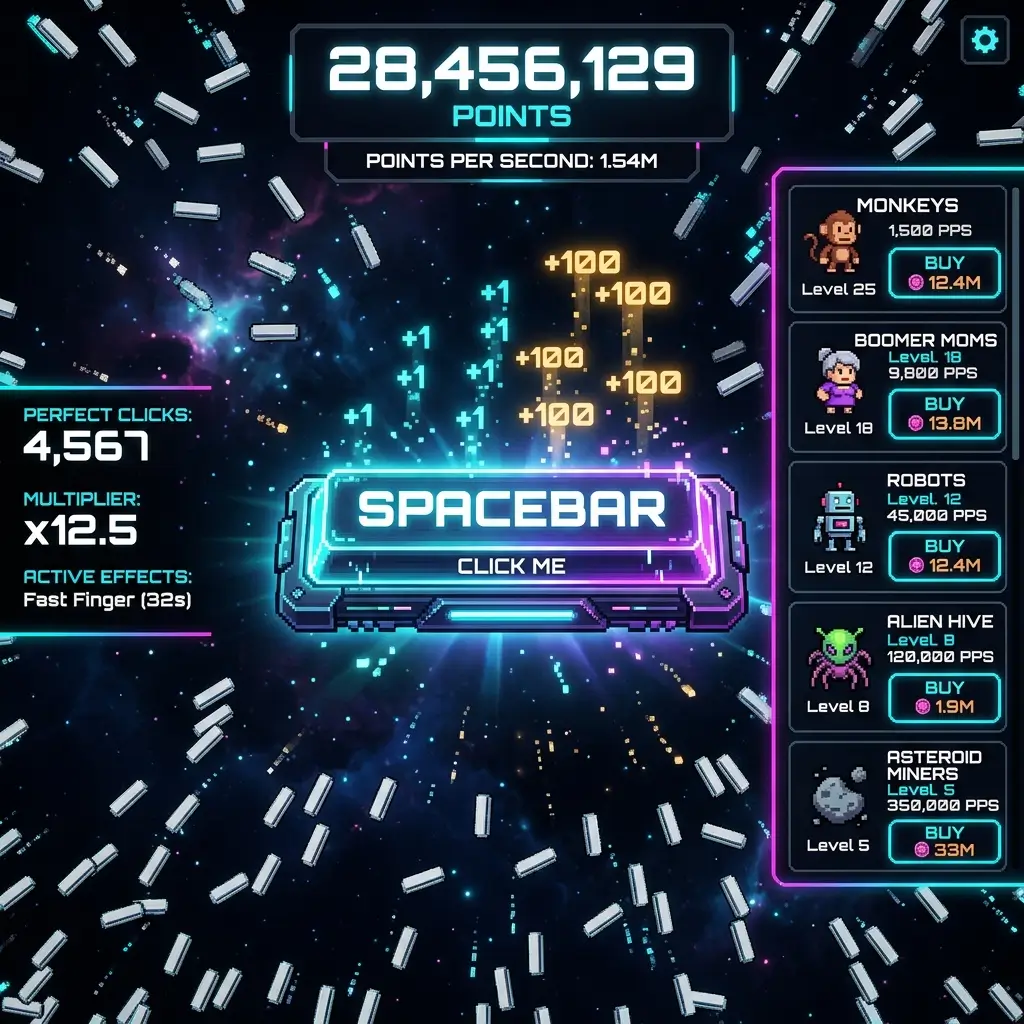 Spacebar Clicker gameplay showing the upgrade panel and points counter